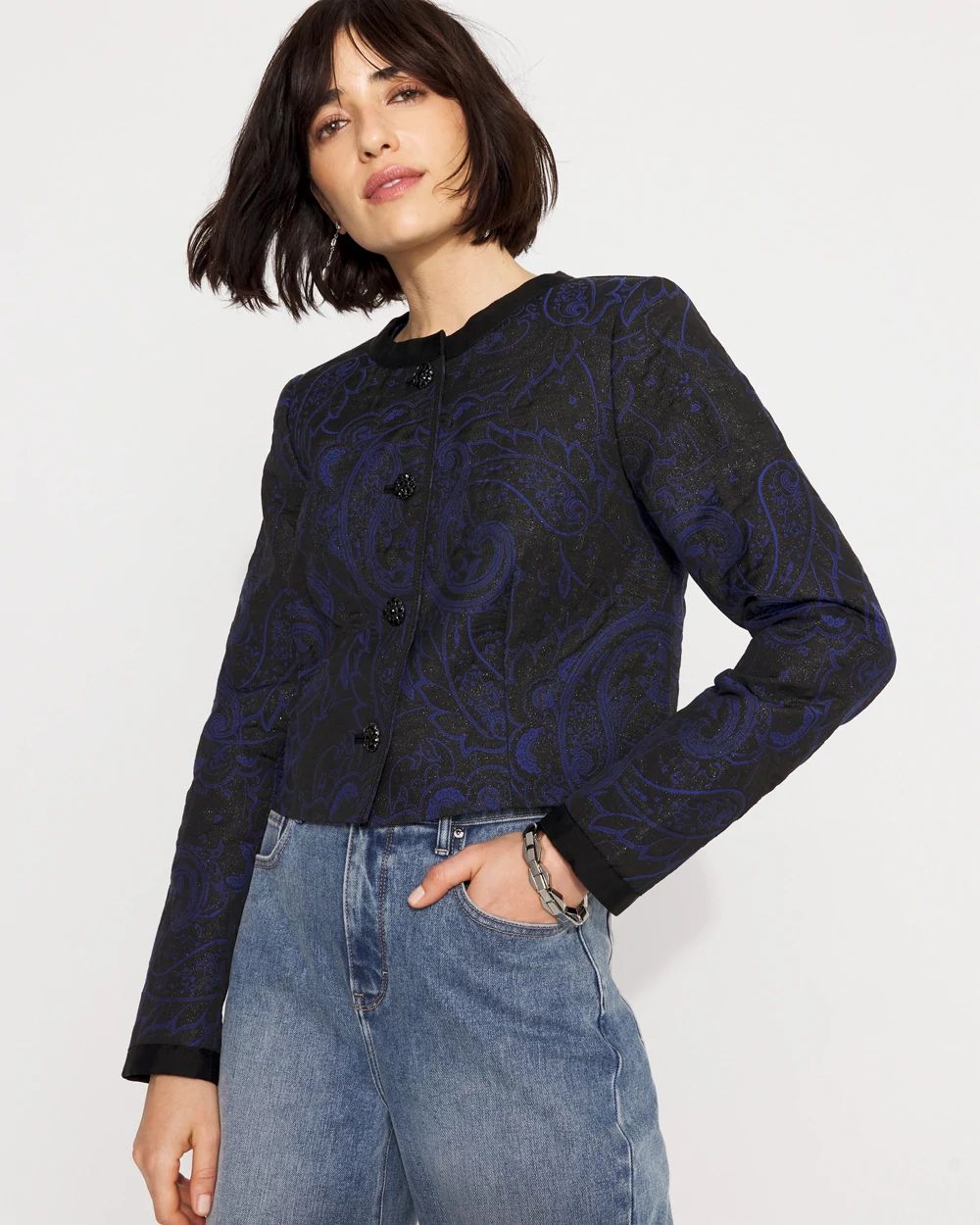 Jacquard Collarless Jacket | White House Black Market
